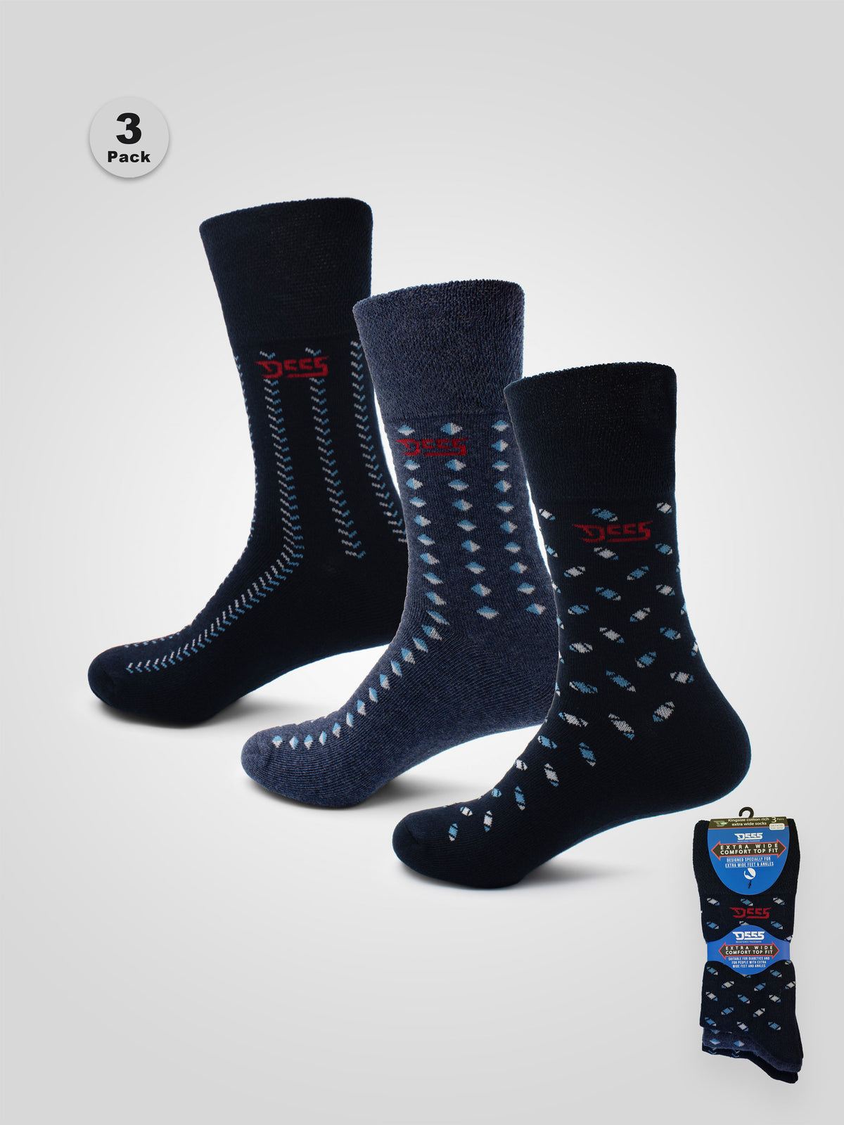 'Harold' 3 Pack Patterned Extra Wide Comfort Fit Socks