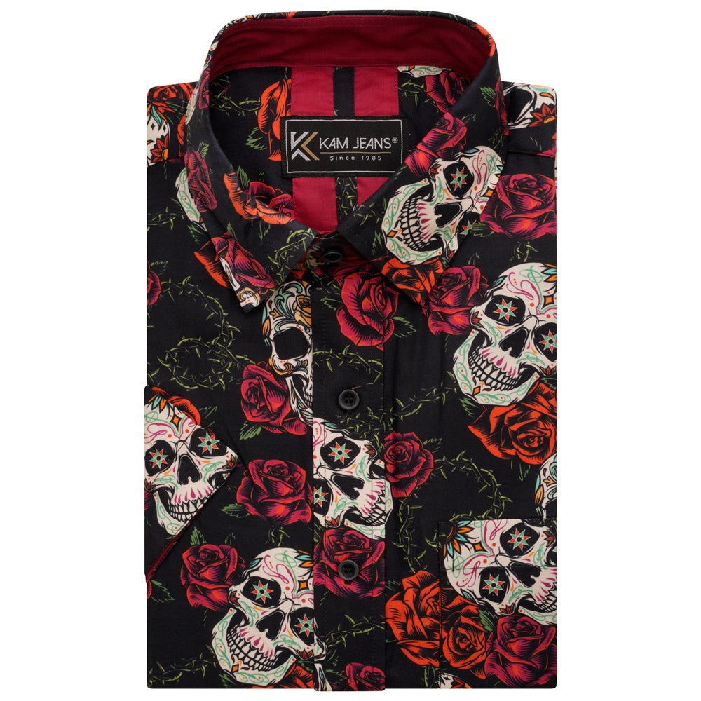 Rose & Skull Print Short Sleeve Shirt