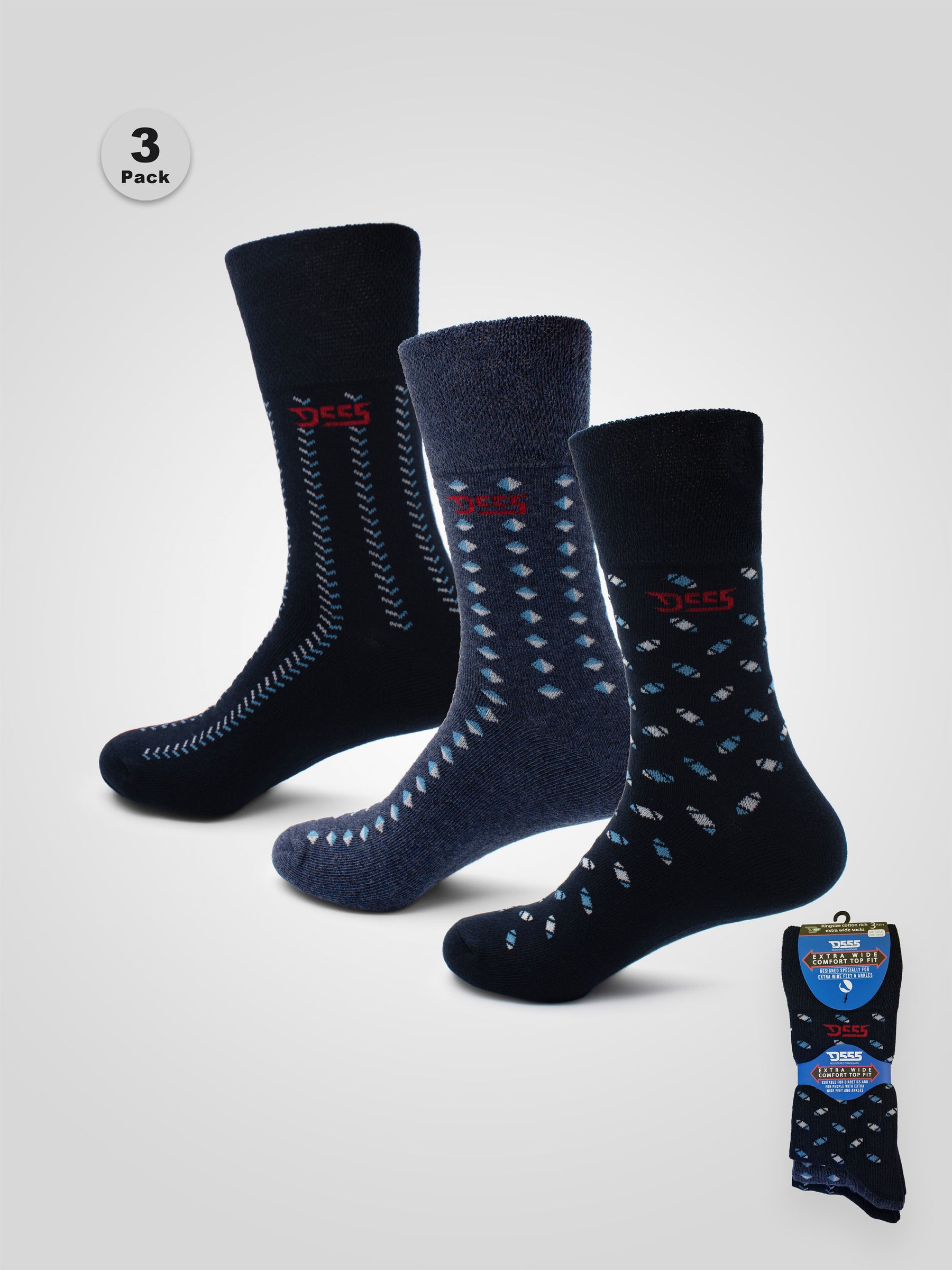 'Harold' 3 Pack Patterned Extra Wide Comfort Fit Socks