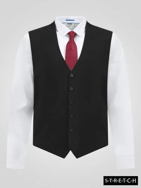 'Ted' 4 Way Stretch Tailored Waistcoat - Black